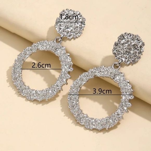 Textured Round Drop Shiny Silver Earrings - Picture 6 of 7